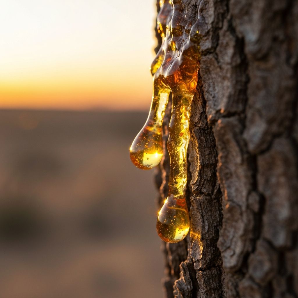 Golden Boswellia serrata resin dripping from tree bark